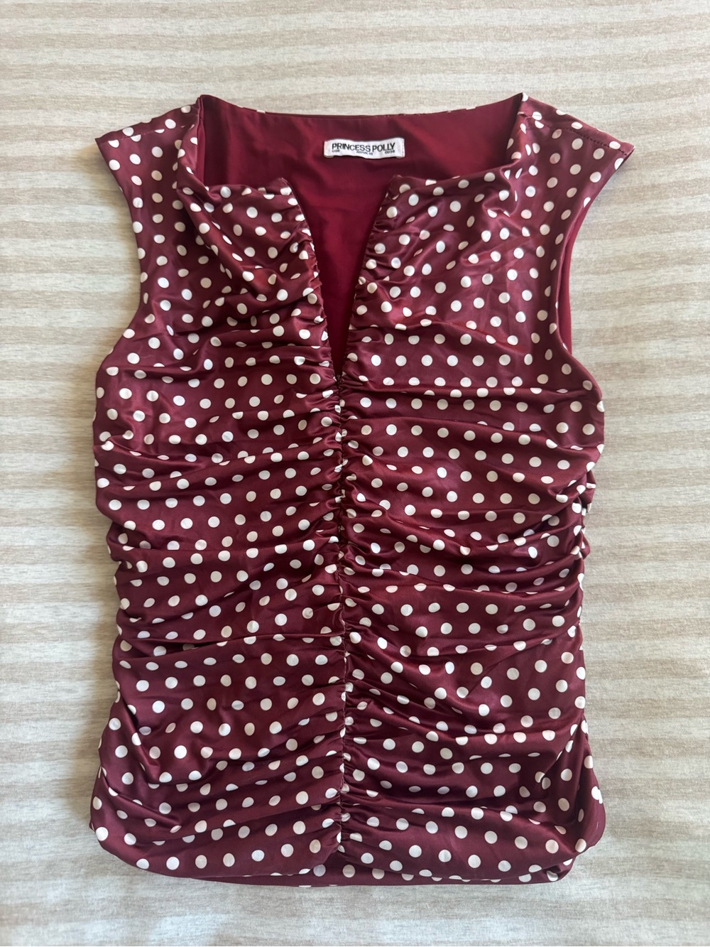 Princess Polly Maroon Polka Dot Ruched Tank